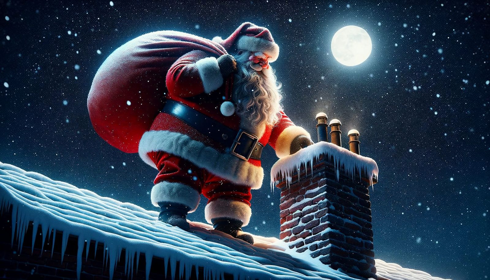 Santa Claus Descends Snowy Chimney on Winter Night
