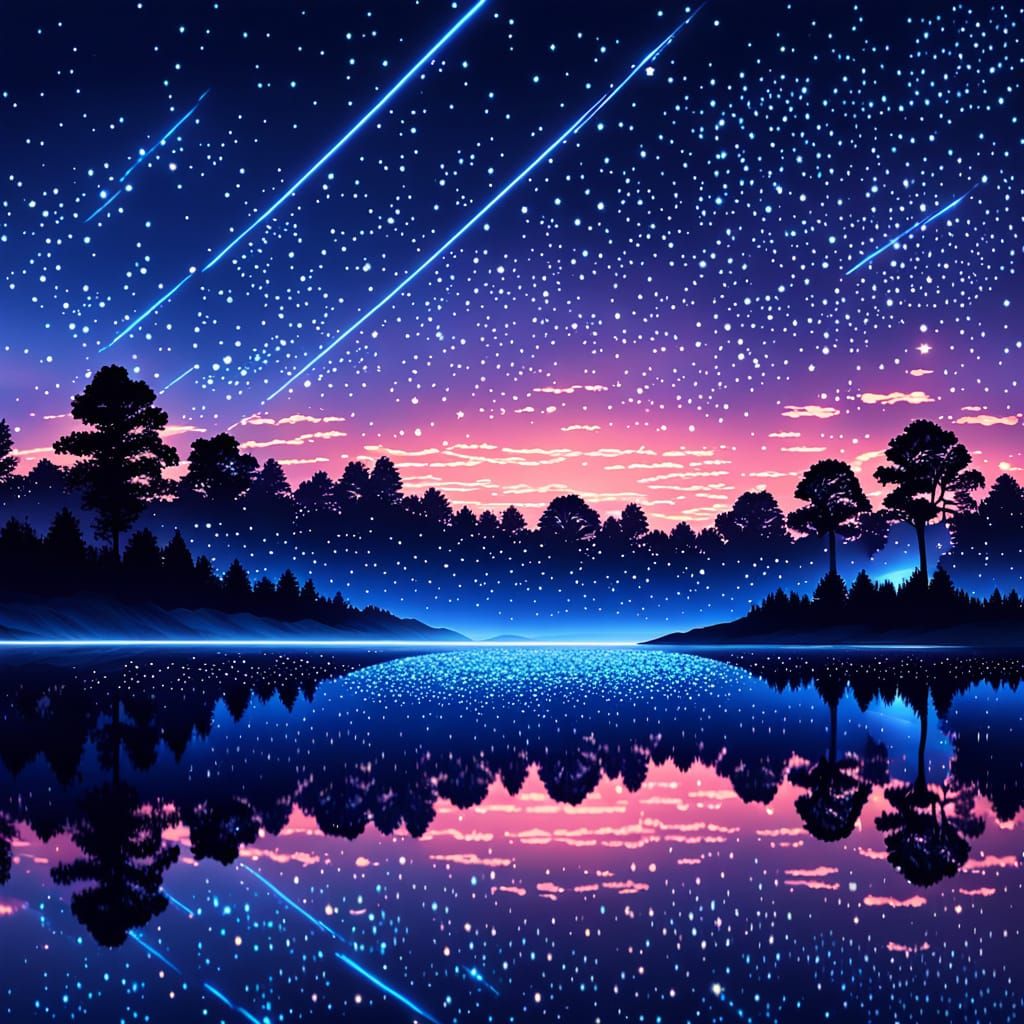Surreal Neon Blue Sunset with Sparkling Stars and Magical Mo...