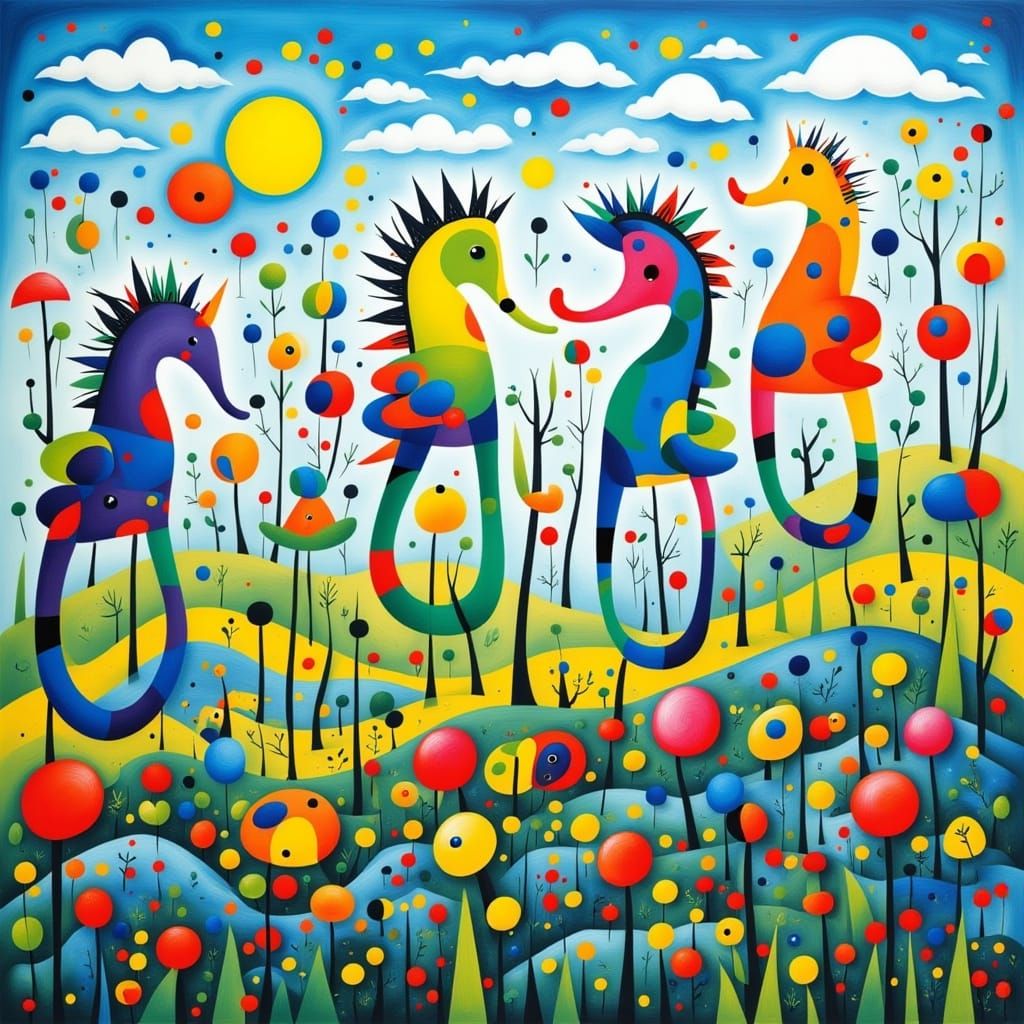 Impressionist Surrealist Seahorses in a Sunlit Meadow