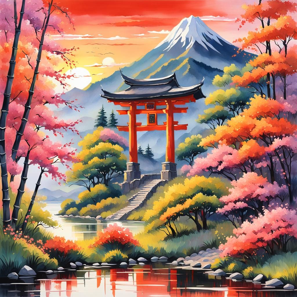 Japanese Garden at Sunset: Gouache Impressionist Painting