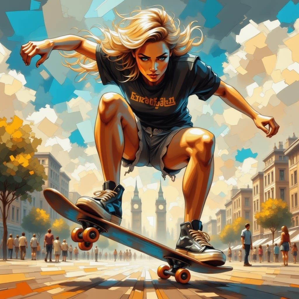 Blonde Girl Kickflip on Skateboard as Impasto Painting