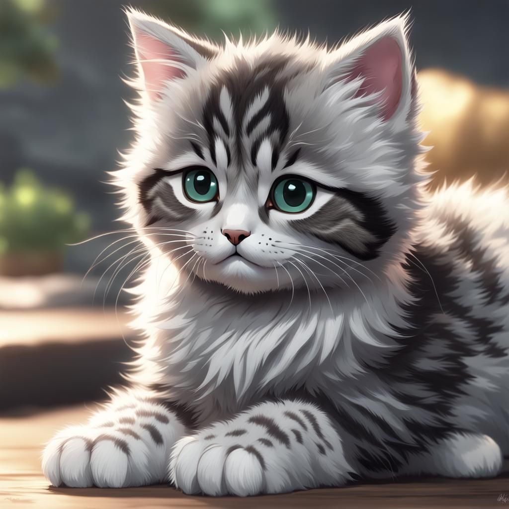 Gray and White Siberian Kitten: 3D Anime Art