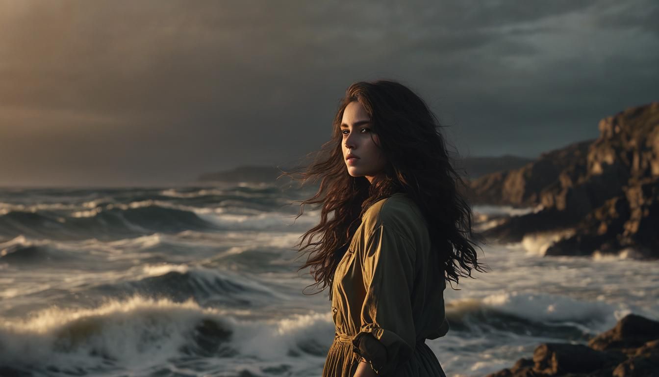 Heartbroken Woman Stands Alone Amid Turbulent Sea in Moody,...