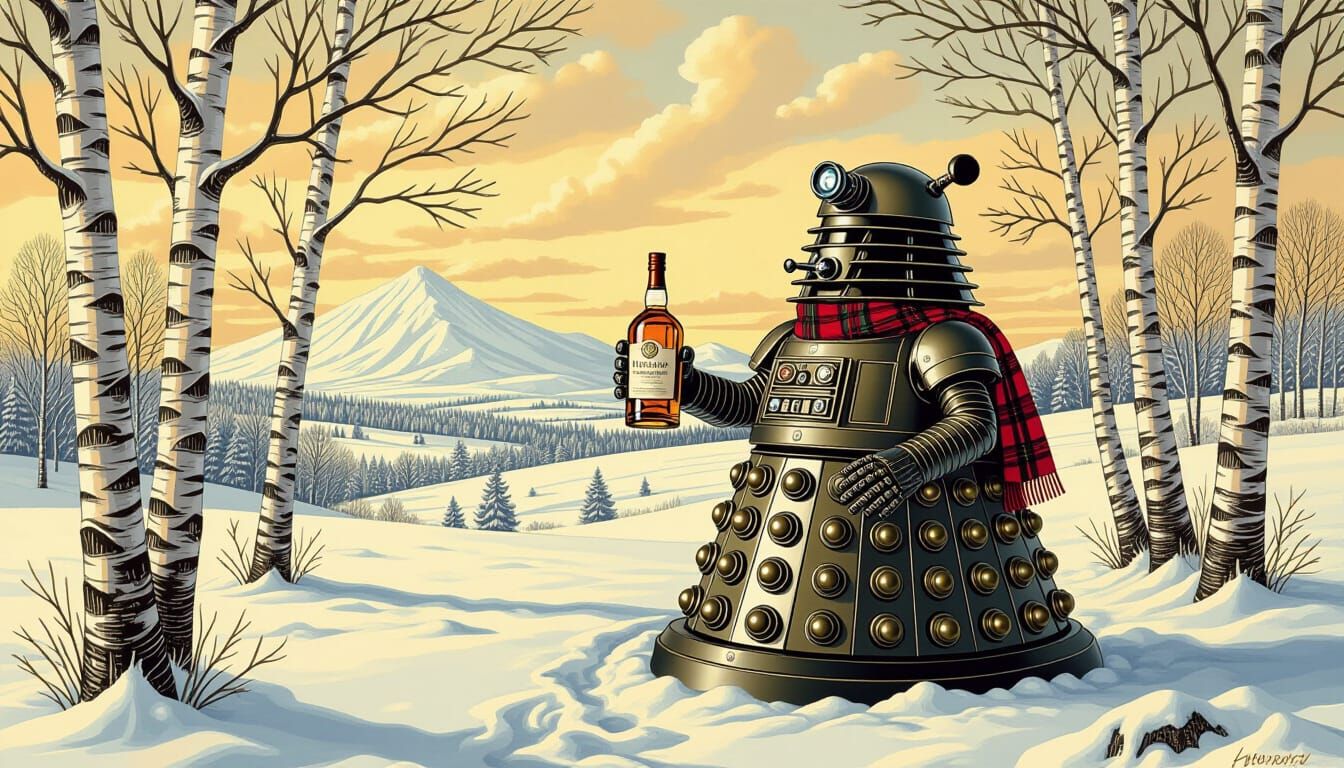 Tartan Dalek in Snowy Scotland with Whisky, Durer & Dali Sty...