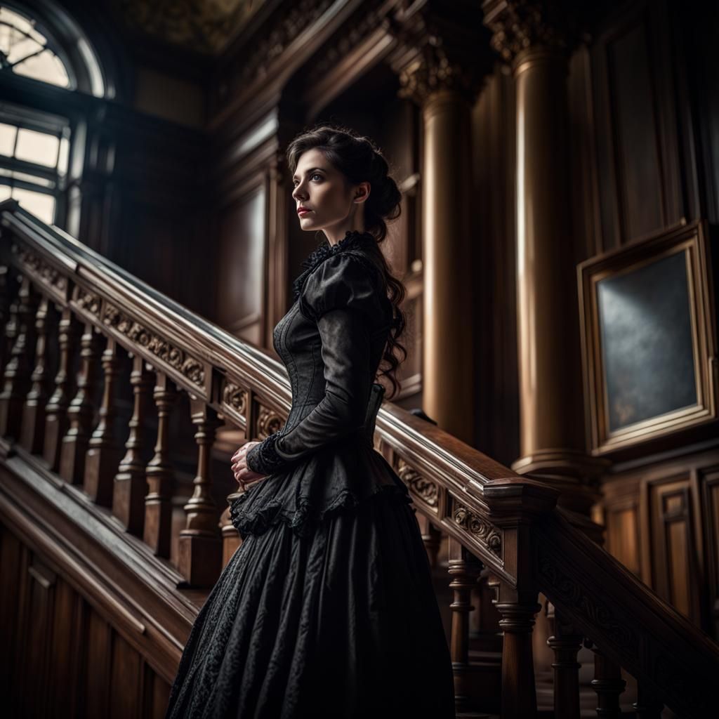 Victorian Woman on Staircase in Hyperrealistic HDR