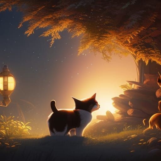 Dog and Cat Sleeping Peacefully Under Stars