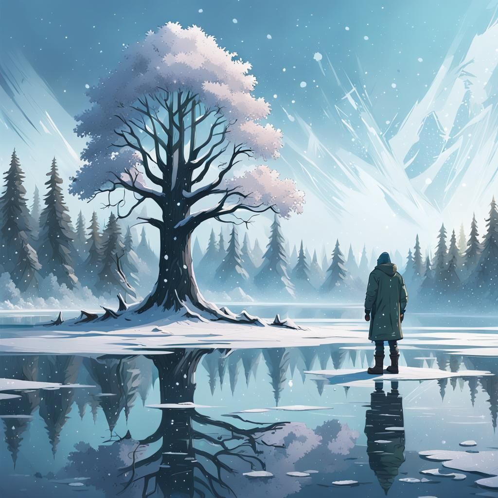 Winter Fantasy: Figure by Frozen Lake in Snowy Forest