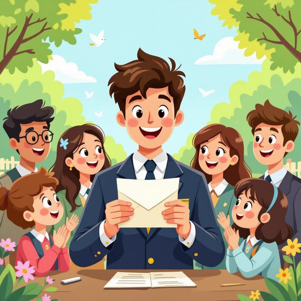 Student's Joyful University Acceptance, Illustrated Style