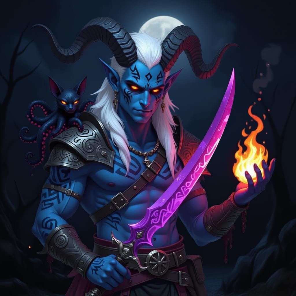Midnight Blue Tiefling Warrior with Fiery Scimitar