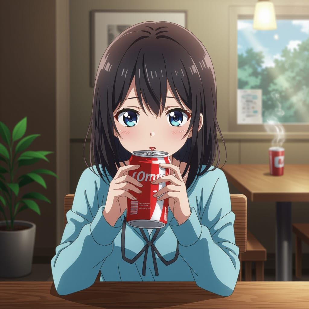 Anime Girl Drinking Soda From a Can