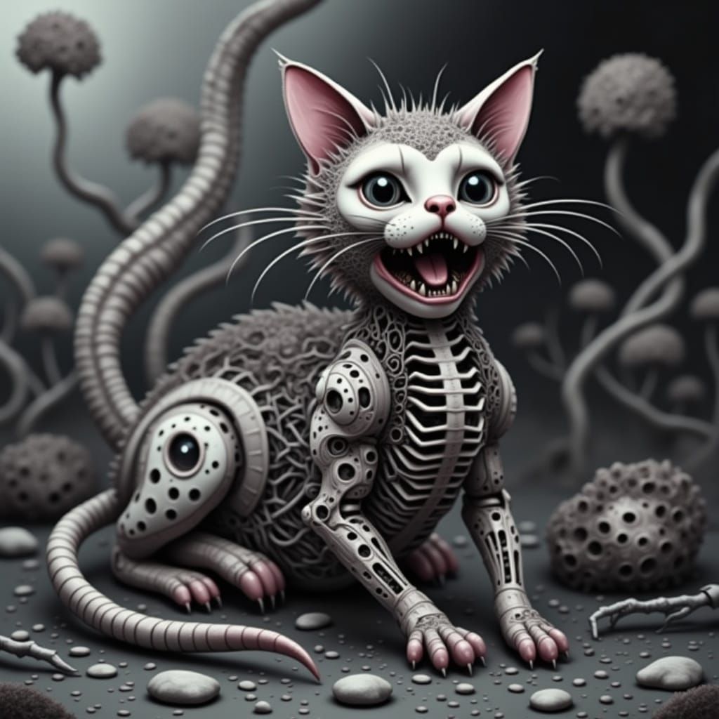 Horrific Kitten-Cyborg in Junji Ito Style