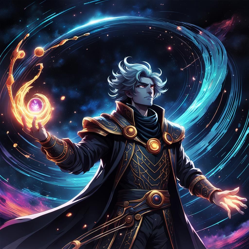 Cosmic Anime Hero Stands in Space