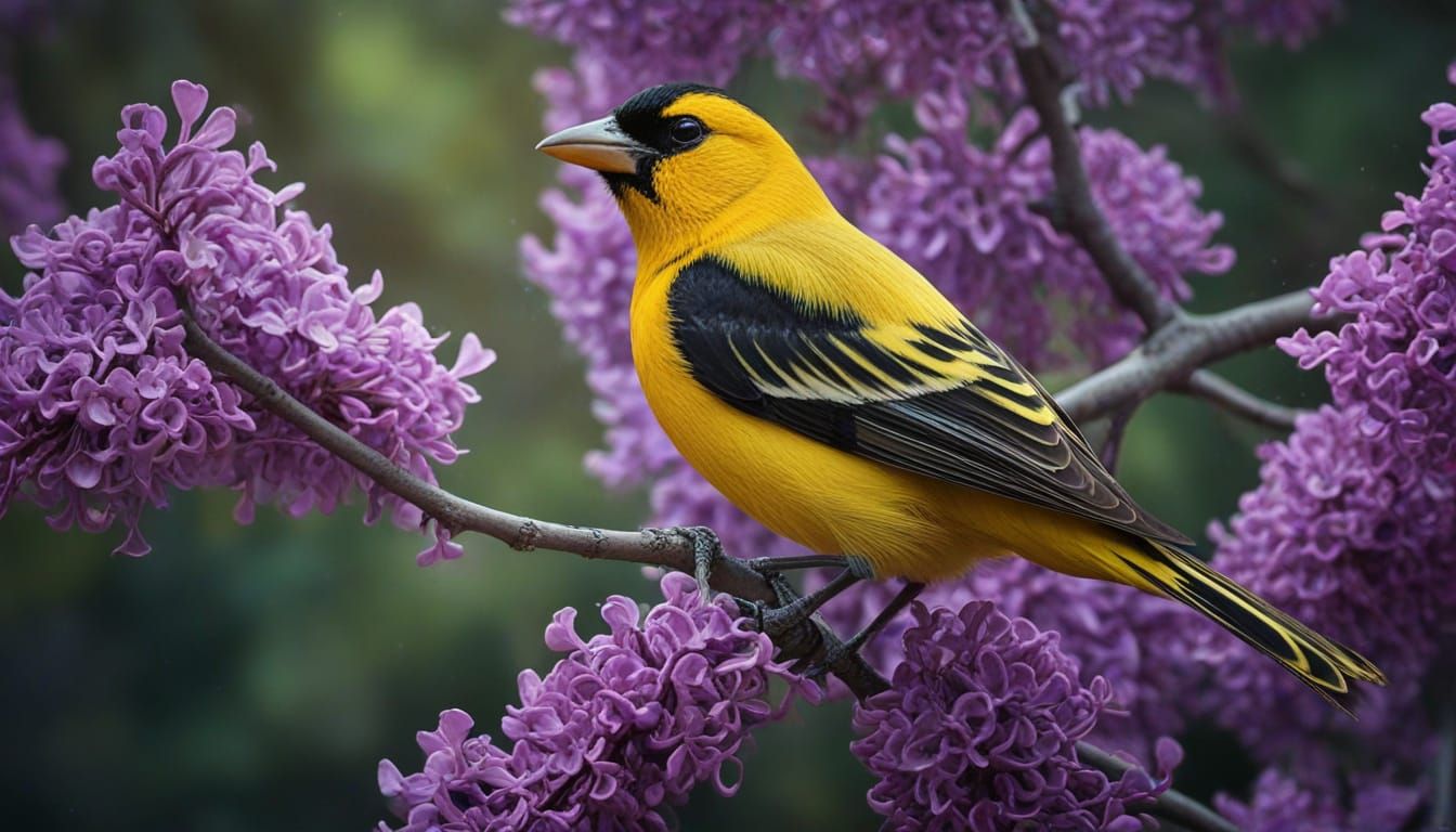 Yellow Oriole on Purple Lilac Splash Art