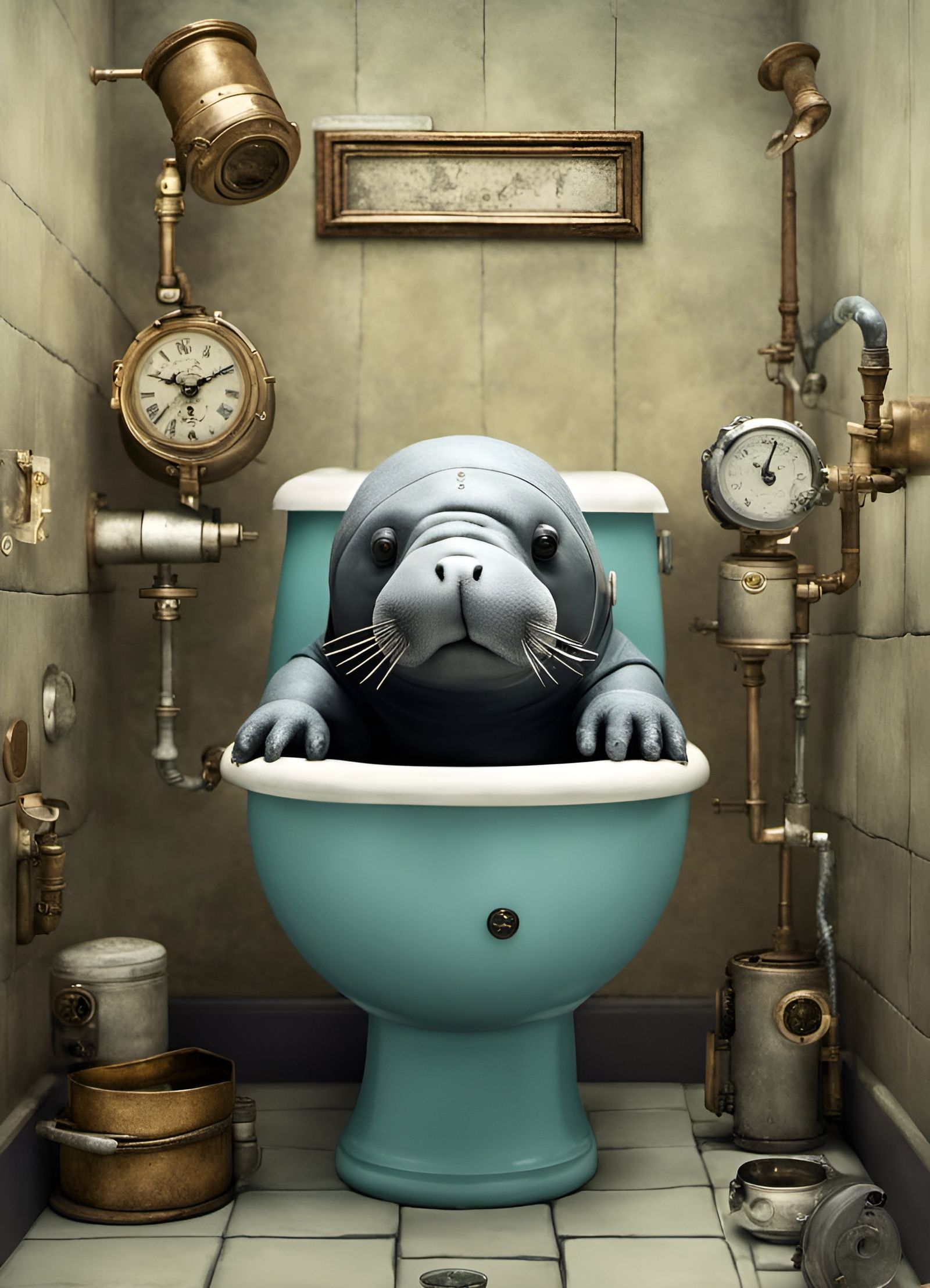 Steampunk Manatee Automaton in Exploding Bathroom