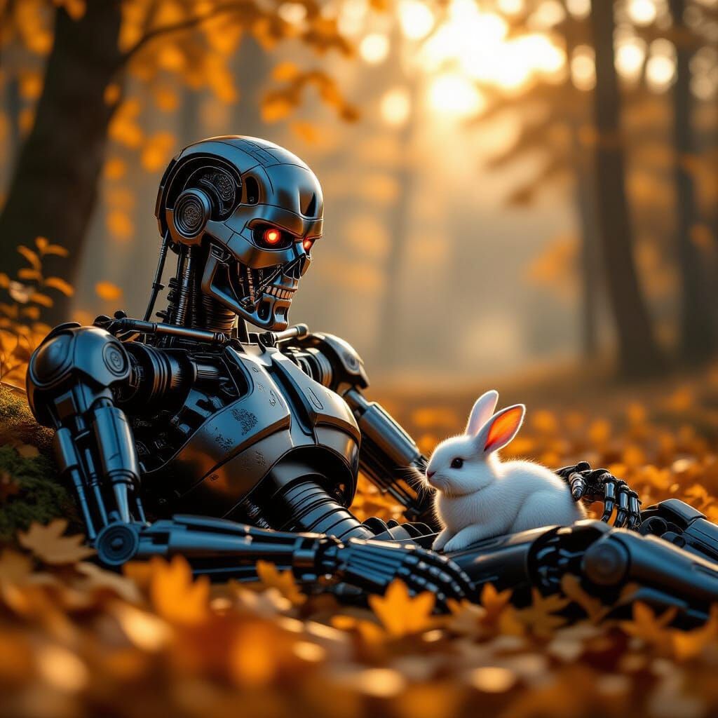 Terminator Robot Sleeps With Rabbit in Autumn Forest