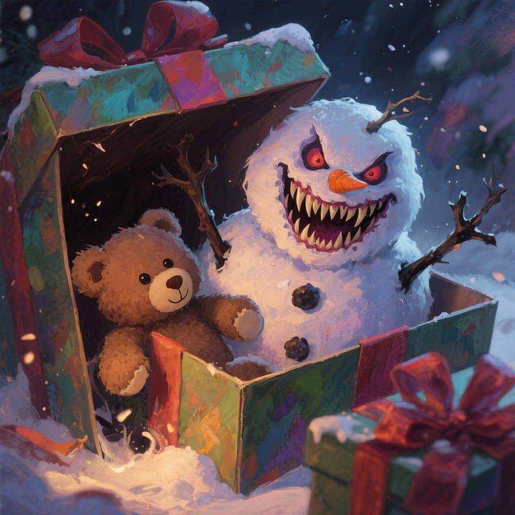 Scary Snowman Confronts Teddy Bear in Gift Box