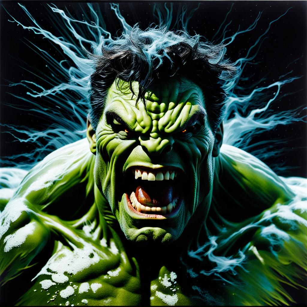 Bioluminescent Hulk Laughing in Tornado, Sinister Portrait