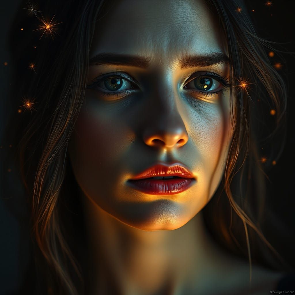 electric ranks and glow on woman face, sad face, by Alberto Seveso and Agnes Cecile and Carne, 
hair backlighting, intri...