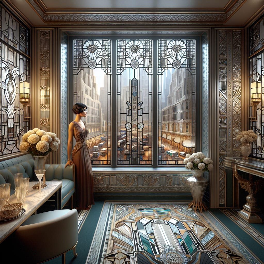 Art Deco Woman in Opulent Tiffany-Inspired Room