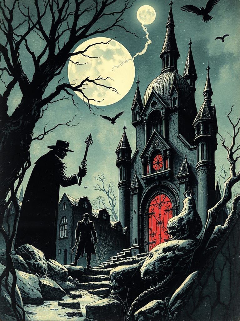 Gothic Horror Comic Book Cover Art in 1950s Style