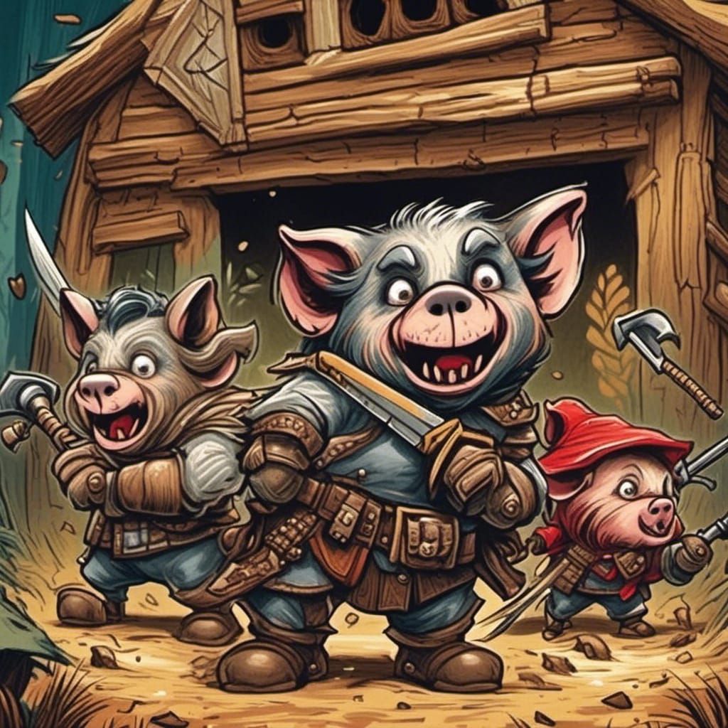 Pigs Attack Wolf House in Storybook Woodcut Style