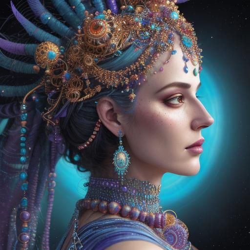 Woman's Beaded Face with Abstract Fractal Background