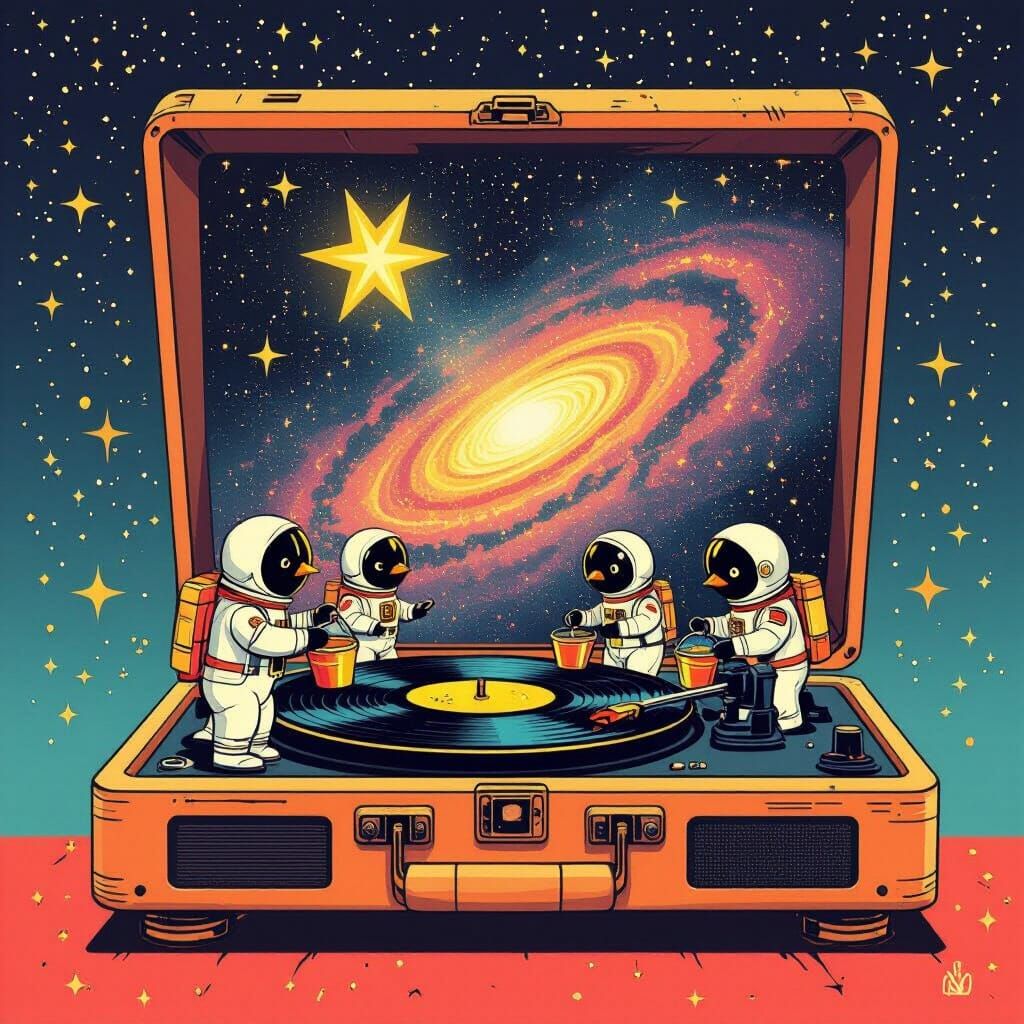 Galactic Vinyl: Pop Art Penguins in Space