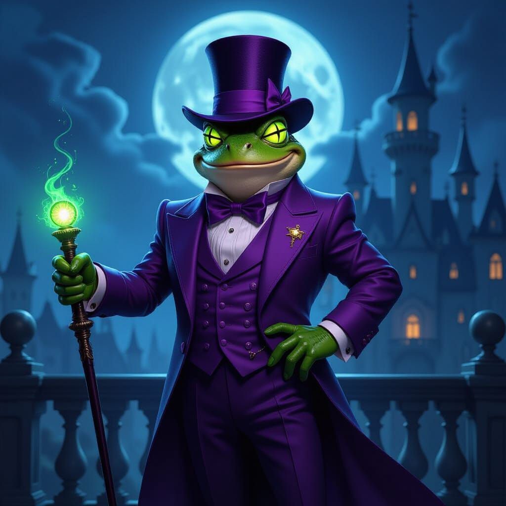 A striking illustration of a cunning frog supervillain, dressed in an elaborate purple suit with a matching top hat. His...