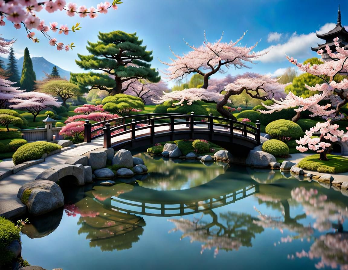 Tranquil Japanese Garden with Cherry Blossoms