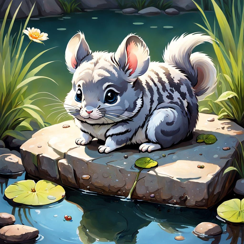 Chibi Chinchilla in a Serene Oil Painting