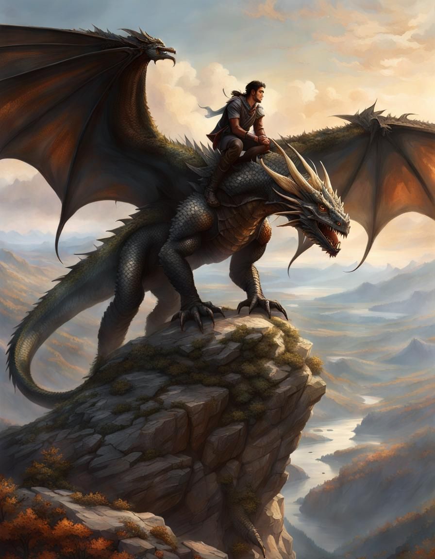 Man and Dragon Adventure in Fantasy Landscape