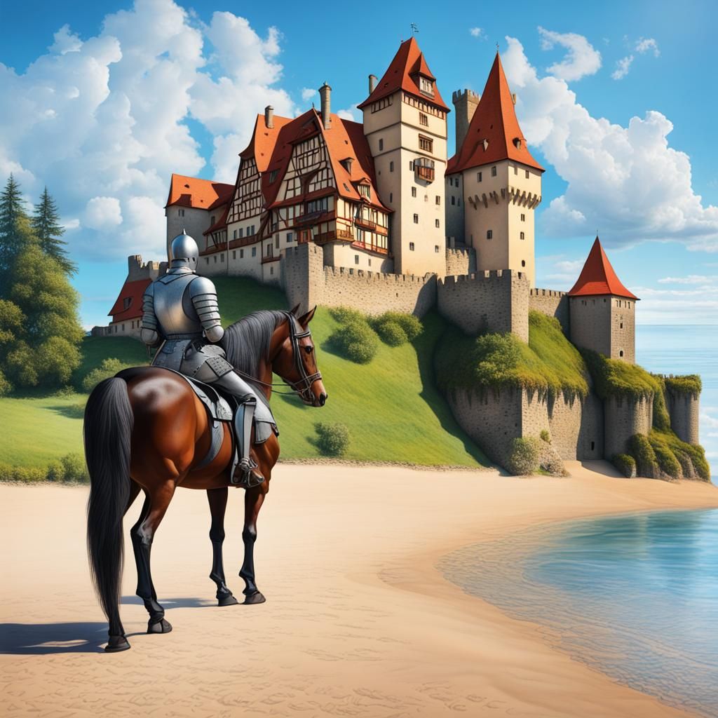 Rothenburg ob der Tauber style castle sitting on beach with ocean and blue sky, knight with horse,  hyperreal, bright co...
