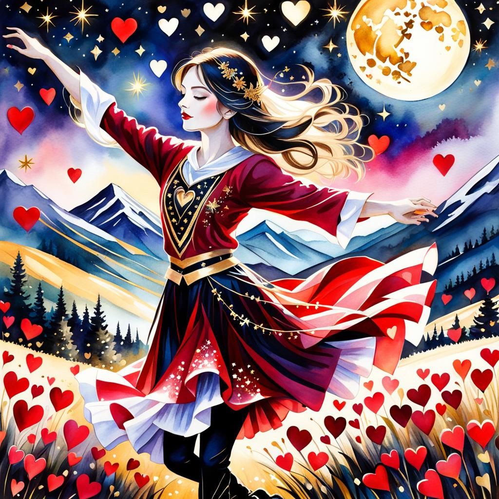 Ruby Girl Dancing in a Field of Hearts