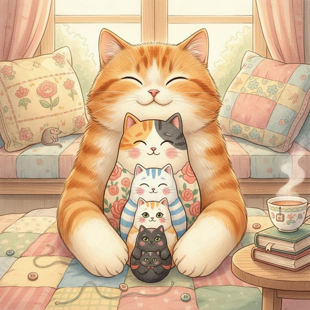 Stacking Cat Dolls with Giant Mother Cat in Storybook Style