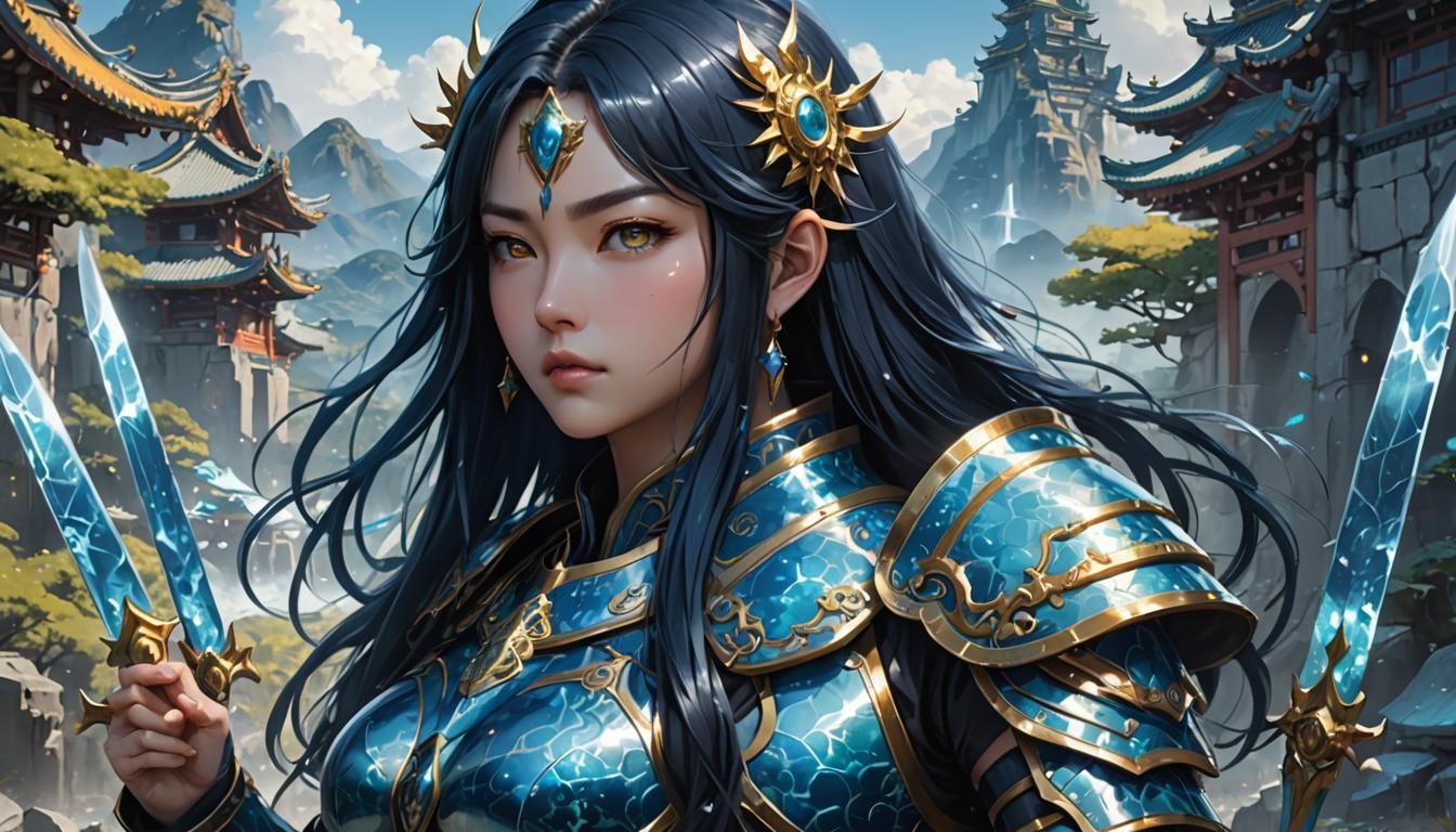Anime Woman in Jade Armor on Asian Landscape