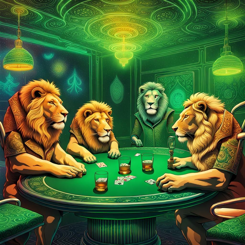 Lions Playing Poker: Holographic Astral Illustration