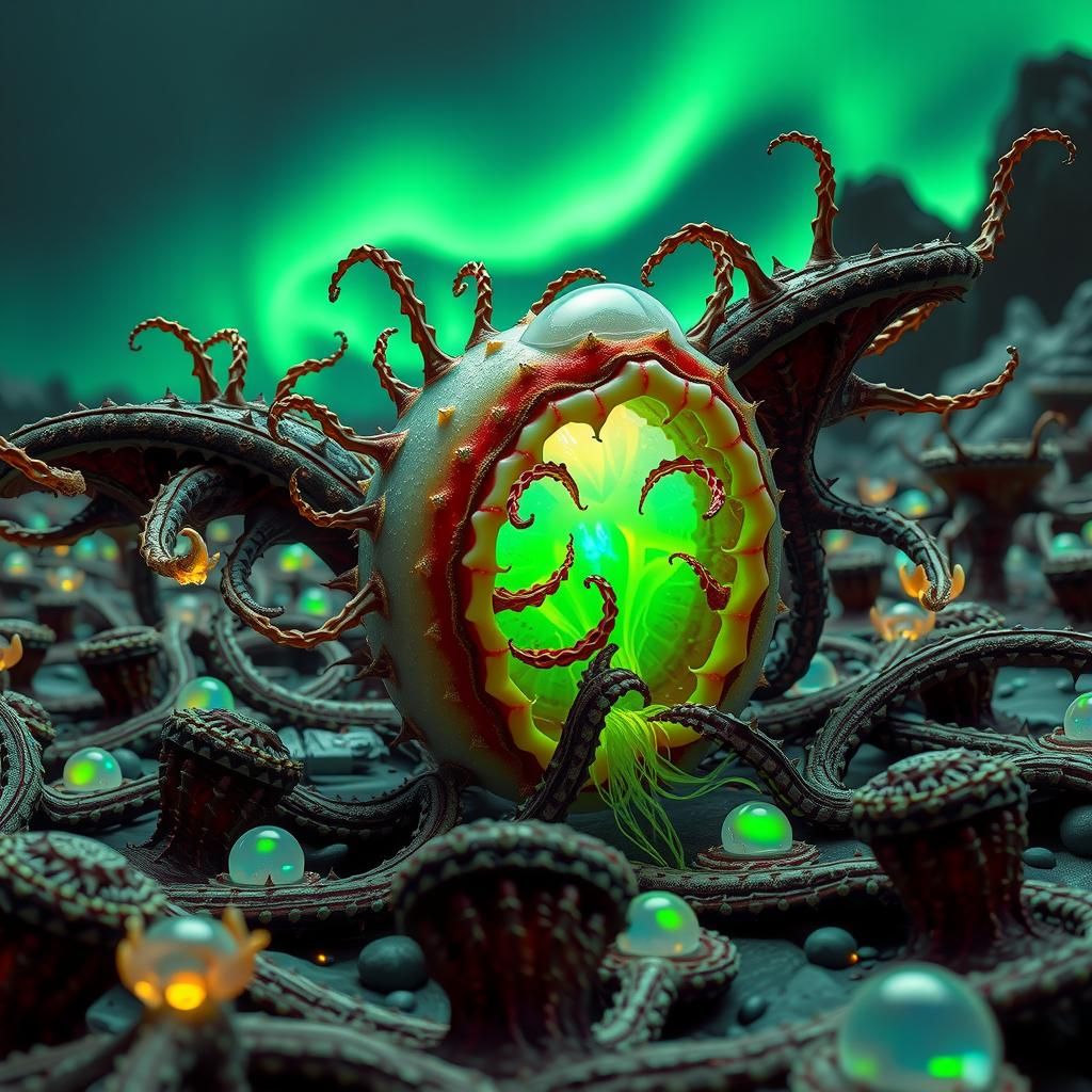 Hyperrealistic Alien Landscape with Bioluminescent Flora