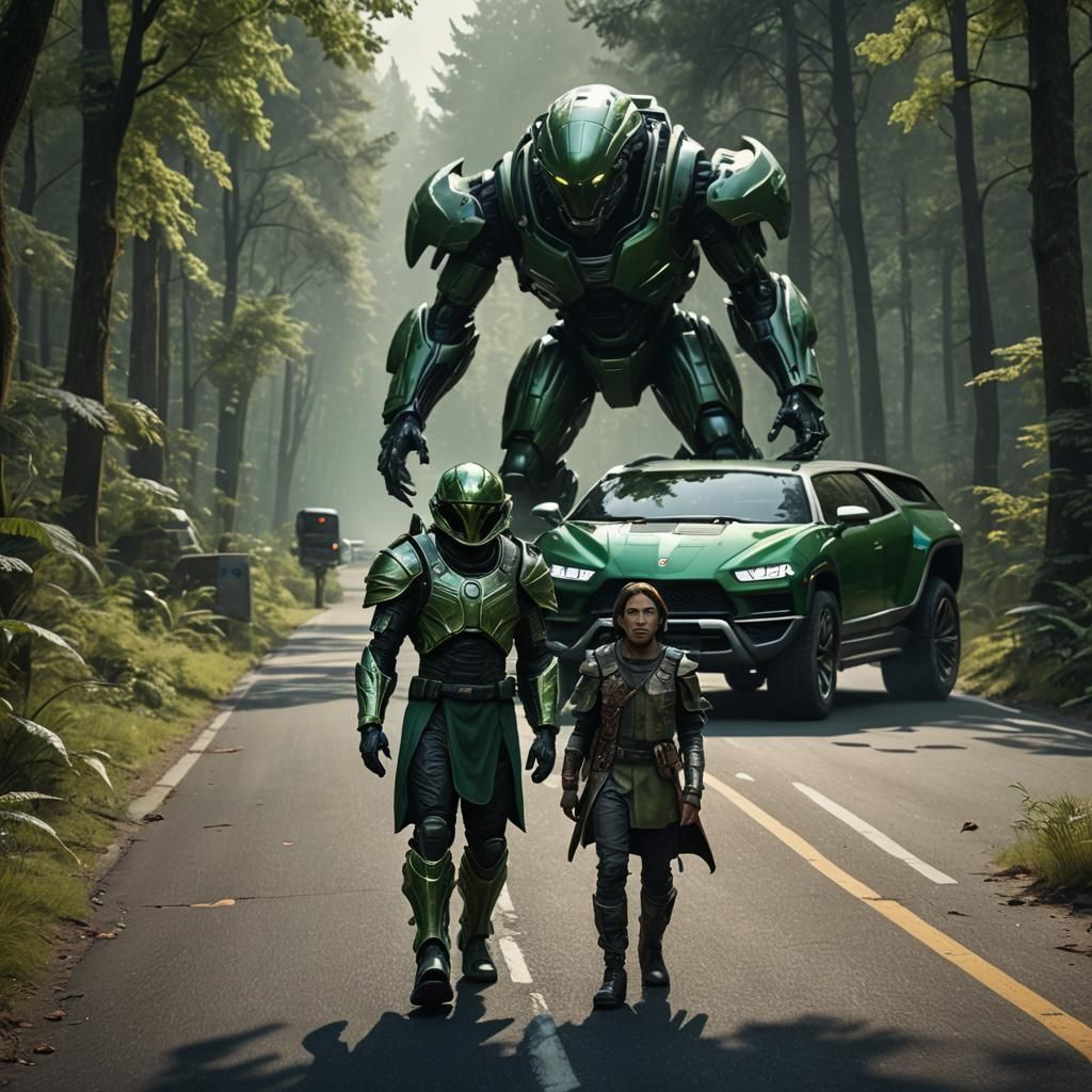Alien in Green Armor Crossing Forest Road