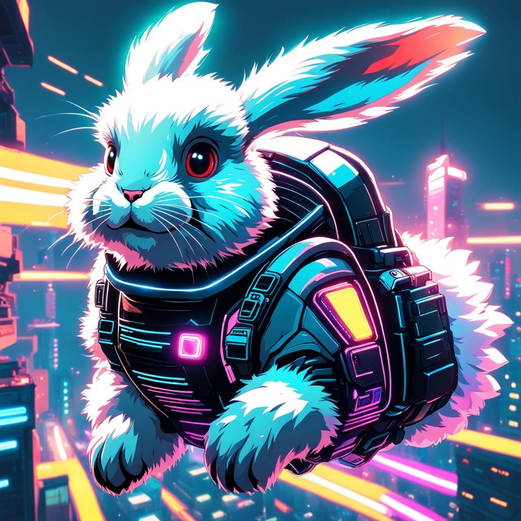 Cyberpunk Rabbit Flies with Jetpack in Neon Sky