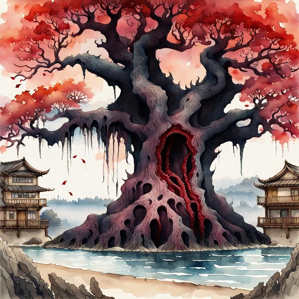 Creepy Tree with Crimson Leaves in Watercolor Style