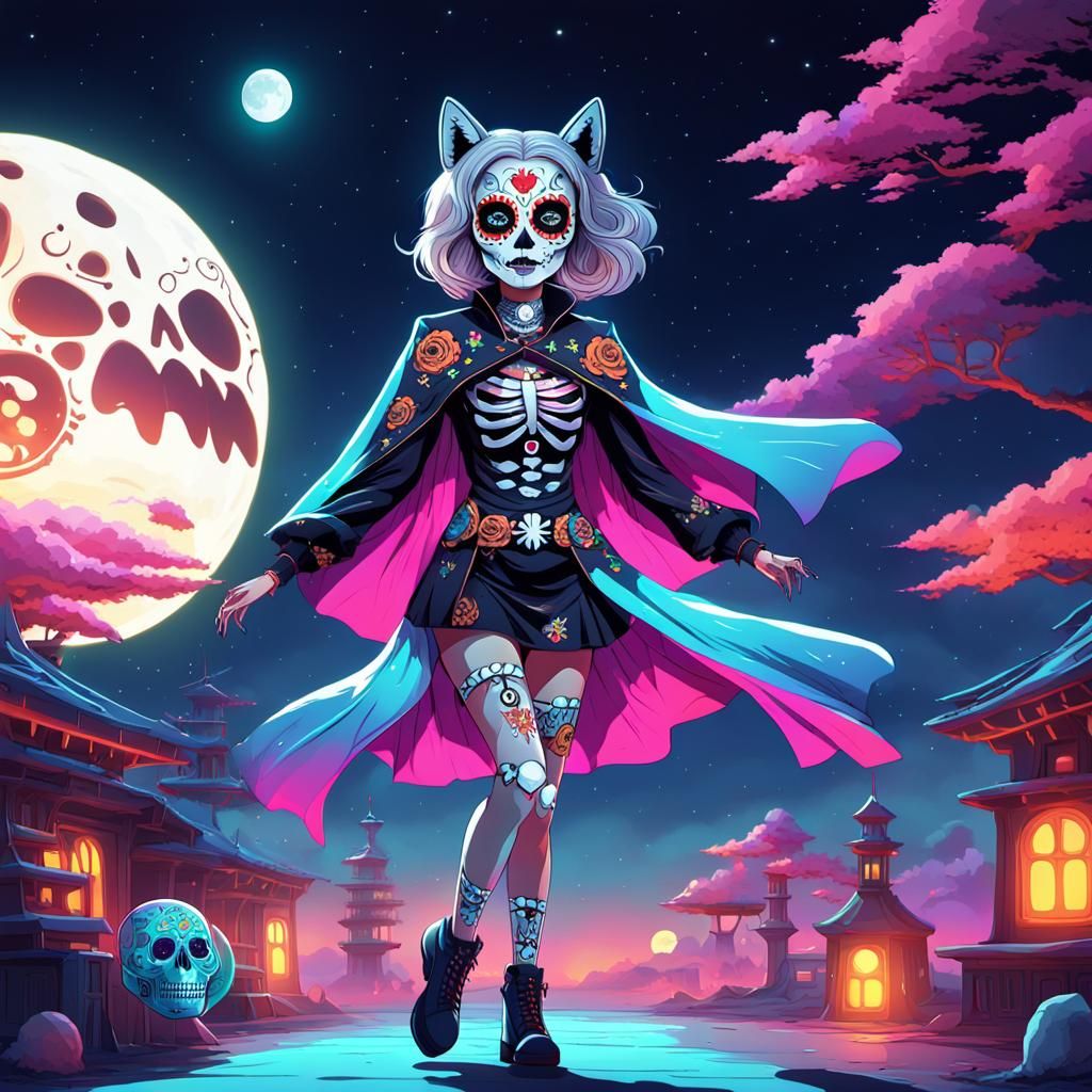 Futuristic Anime Scene: Dancing Lady and Wolf