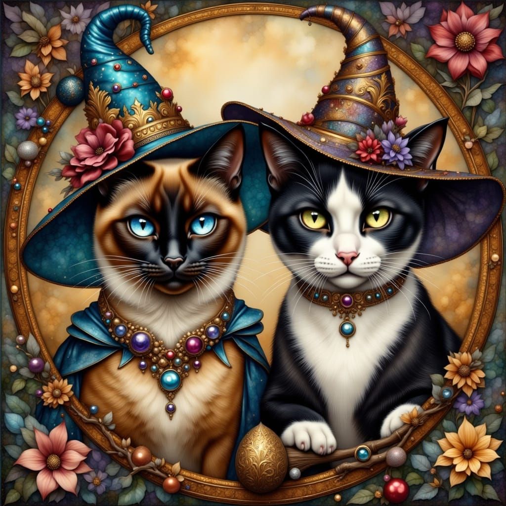 Whimsical Cats in Witch Hats Illustration
