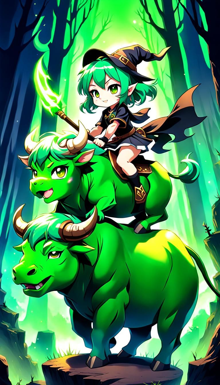 Chibi Witch Rides a Minotaur in Anime Style