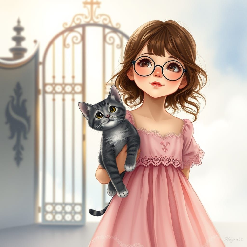 Girl in Pink Gown and Kitten at Heaven's Gates