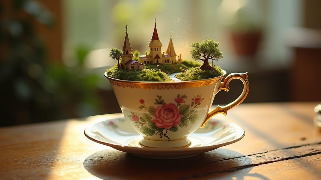 Enchanted Teacup Realm on Oak Kitchen Table