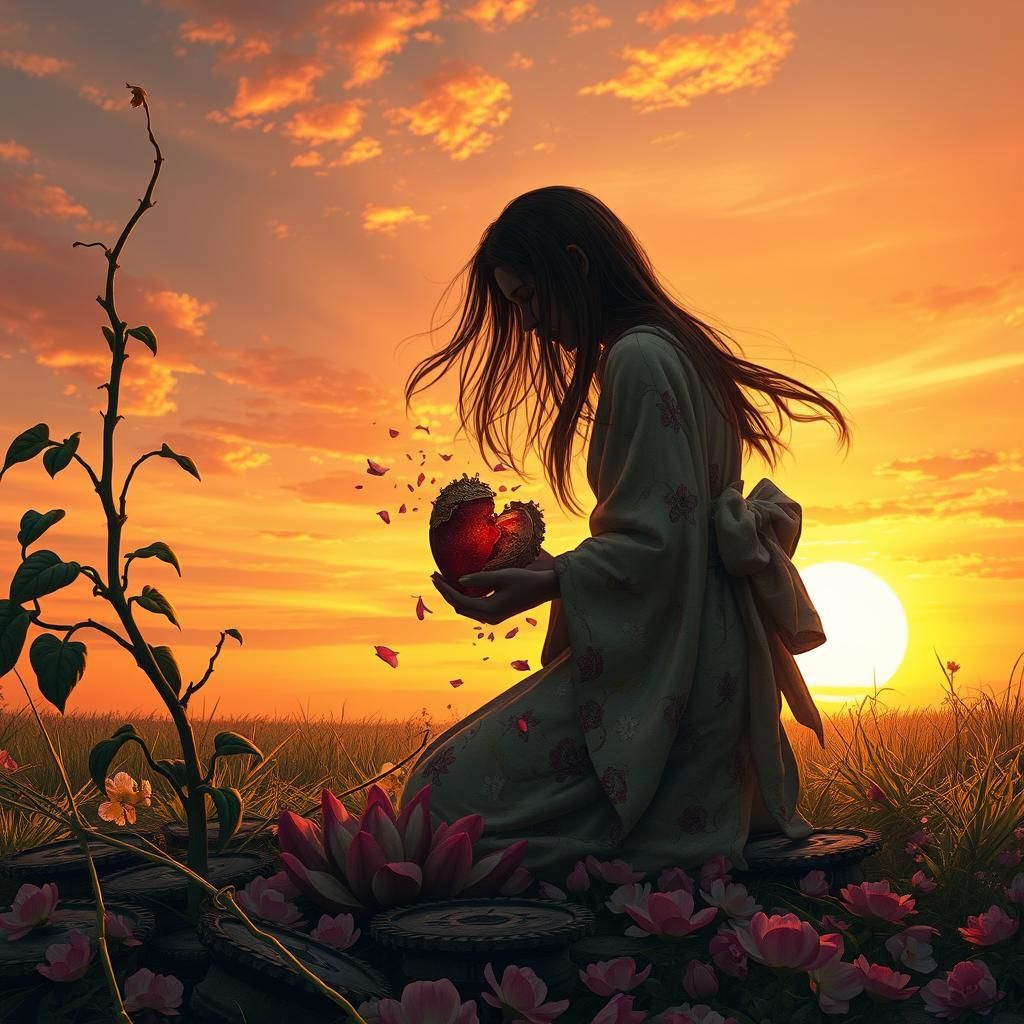 Woman Gathering Heart Fragments at Sunset, Surreal Art