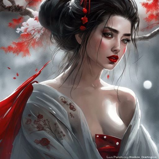 Elegant Geisha with Flowing Hair: Fantasy Art