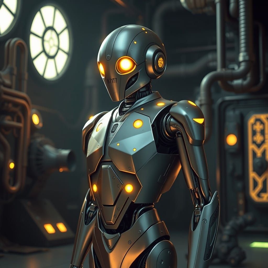 Cyberpunk Droid in Elegant, Ancient Armor