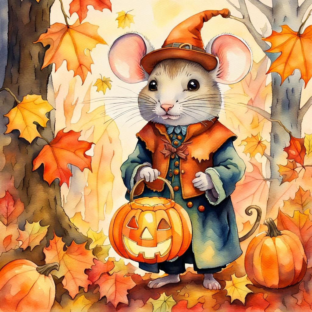 Whimsical Mouse with Jack-o'-Lantern Watercolor