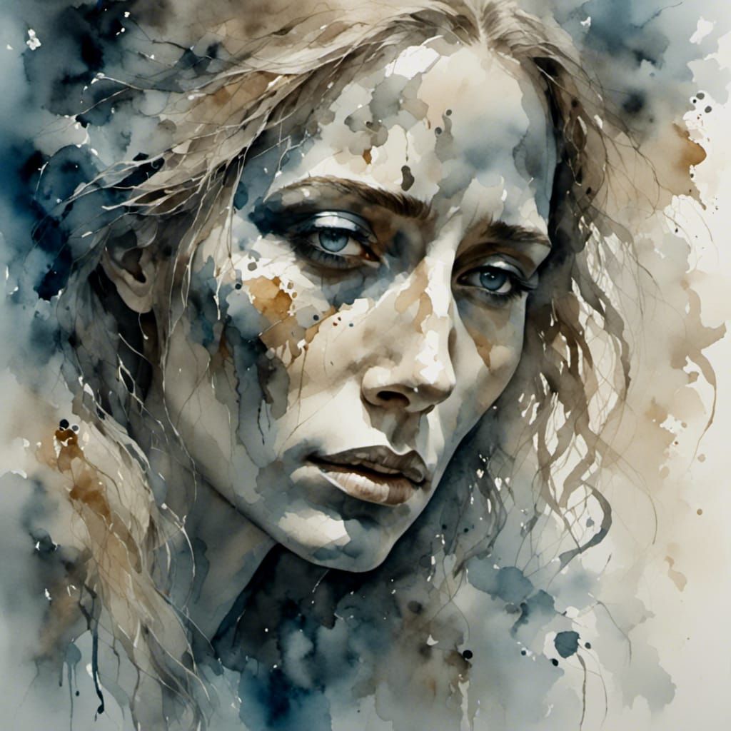 Grieving Mother in Fog: Watercolor Impasto Portrait